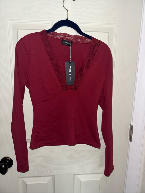 White Fox Boutique Tops - White Fox Boutique Lace-Trim V-Neck Long Sleeve Top - Wine